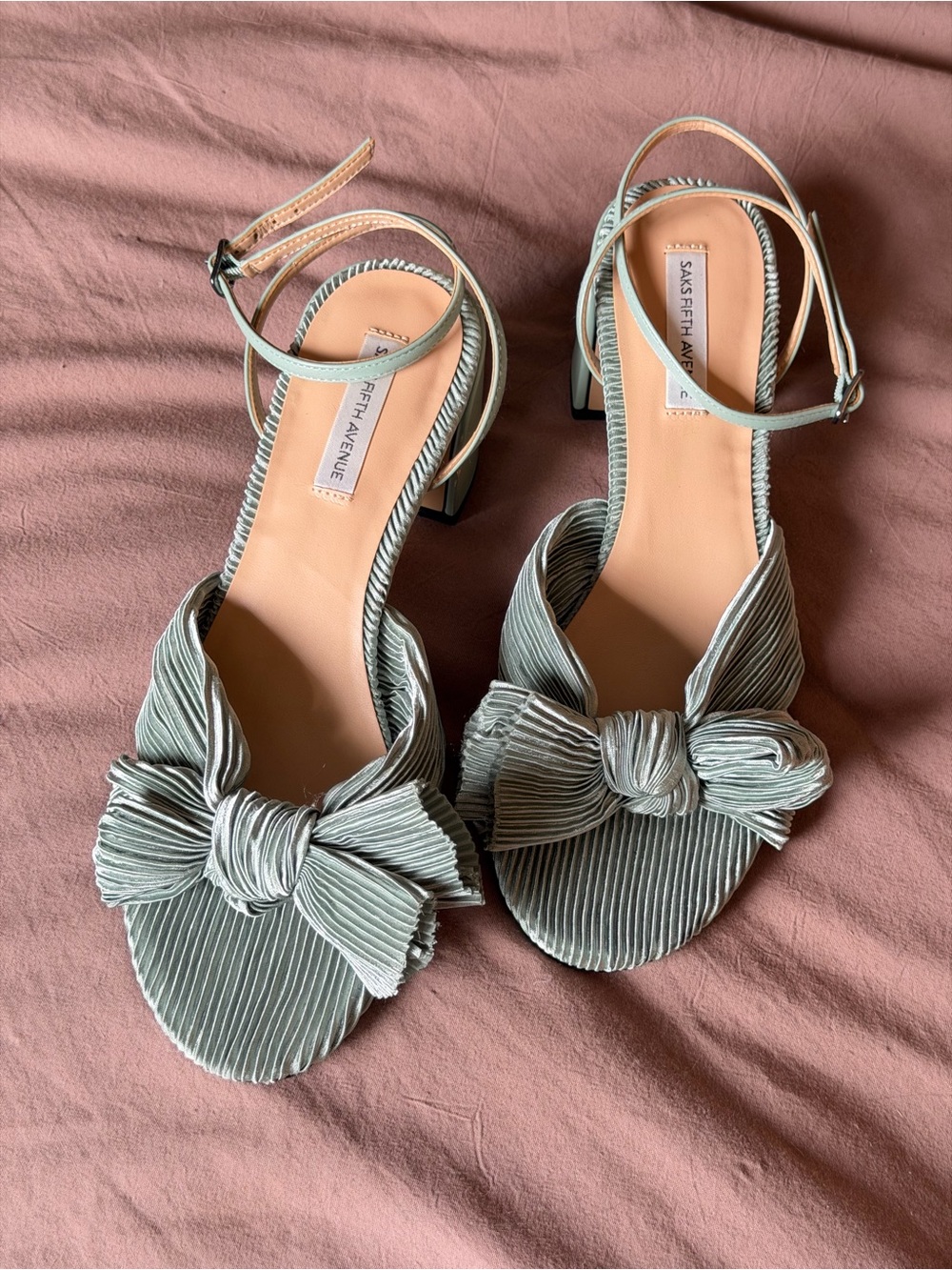 Saks Fifth Avenue Sage Green Pleated Bow Block Heel Sandals